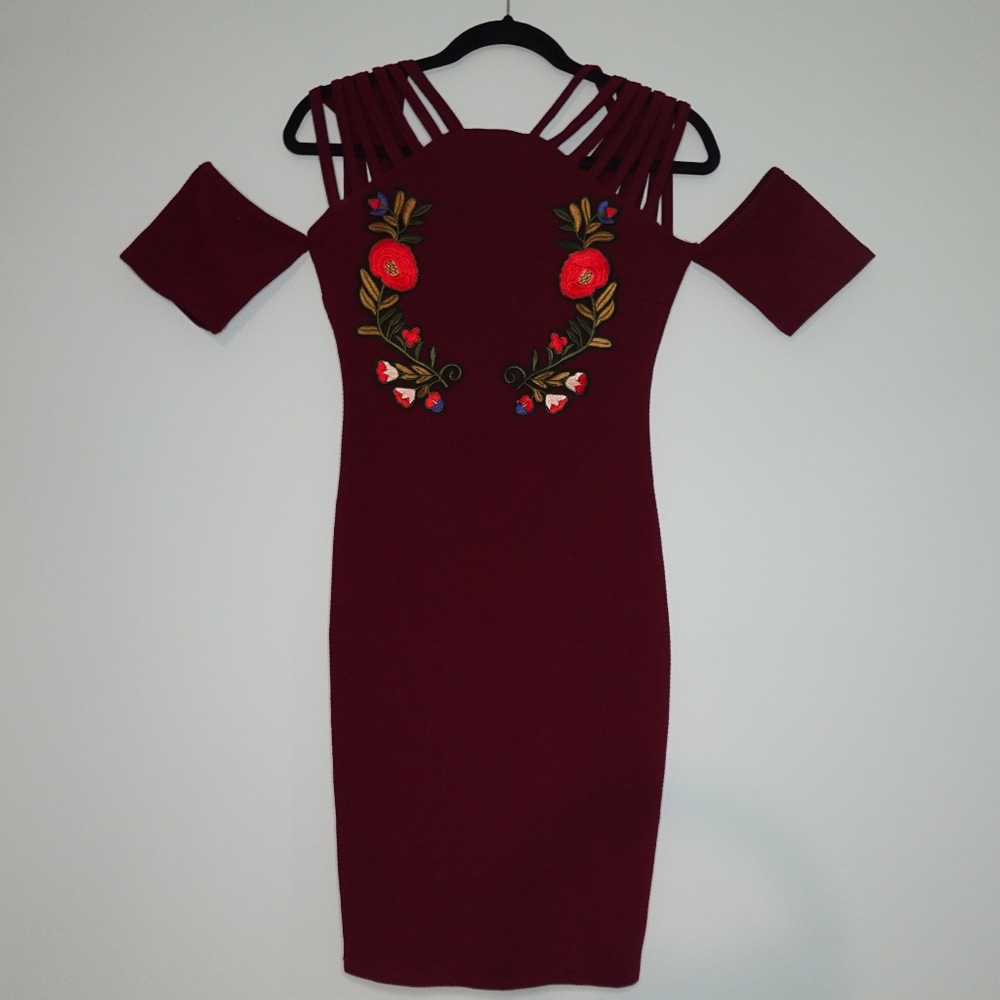 Mexican Floral Embroidered Off Sholder Strap Dress